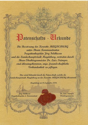 Patenschaftsurkunde Korvette Magdeburg