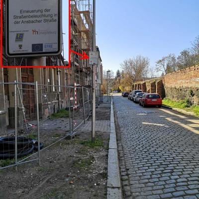 Bild vergr&ouml;&szlig;ern: Einzellichtpunkt mit Hinweistafel auf EFRE/St&auml;dtebauf&ouml;rderung