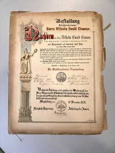 Bestallungsurkunde f�r den B�rgermeister der Neustadt Magdeburg Wilhelm Ewald Clemens, 1857